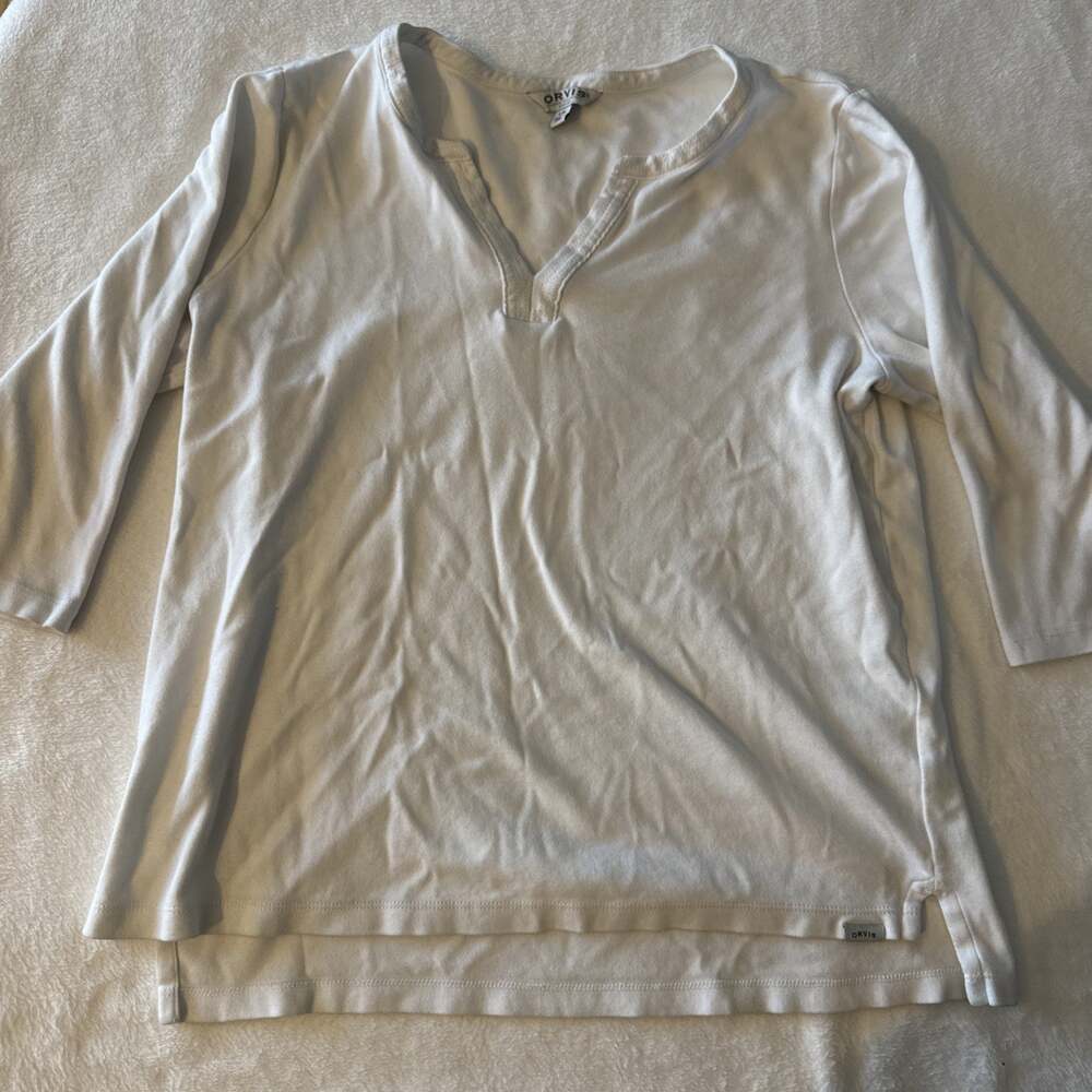 Orvis Women’s 3/4 Sleeve White Cotton V Neck Pullover Shirt Size Large